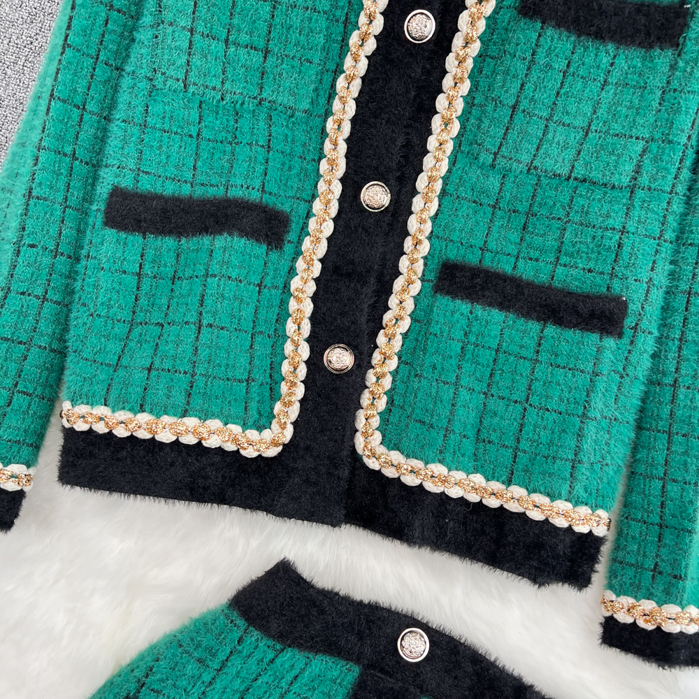 Two Piece Dress Soft Imitation Mink Fleece Sweater Skirt Suits Female Fall Winter Retro Plaid Knitted Cardigan Mini Skirt Women Two Piece Set 2024