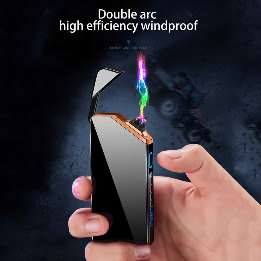 New Electric Lighter Metal Windproof Pulse Flameless Plasma USB Rechargeable Dual Arc LED Power Display Men's Tools AJXS W260202