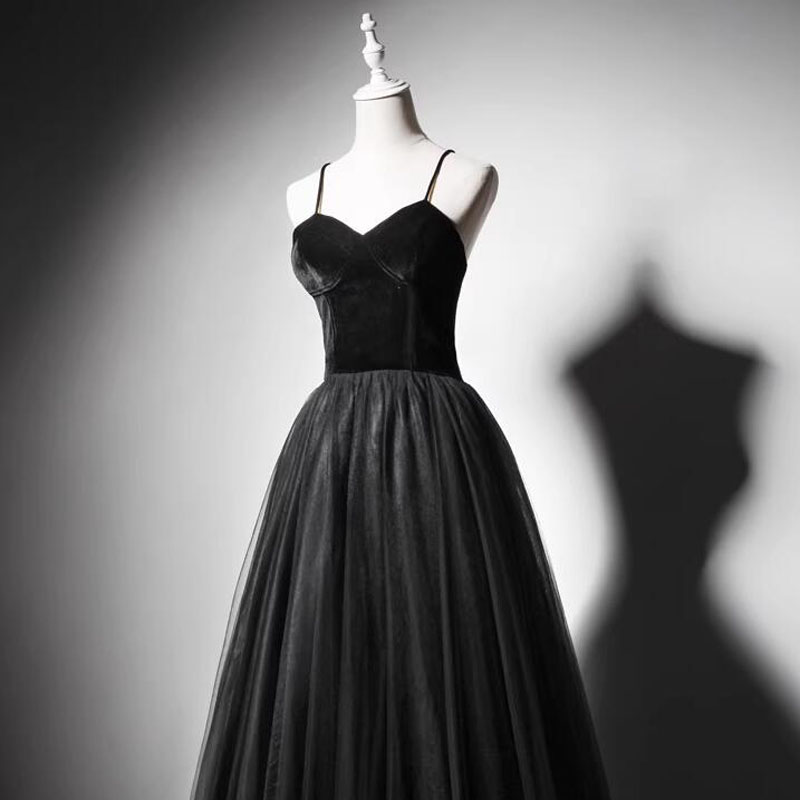 Black Prom Dress 2023 Long Evening Gowns Velvet with Tulle Party Wearing Spaghetti Lace-Up Back Floor Length