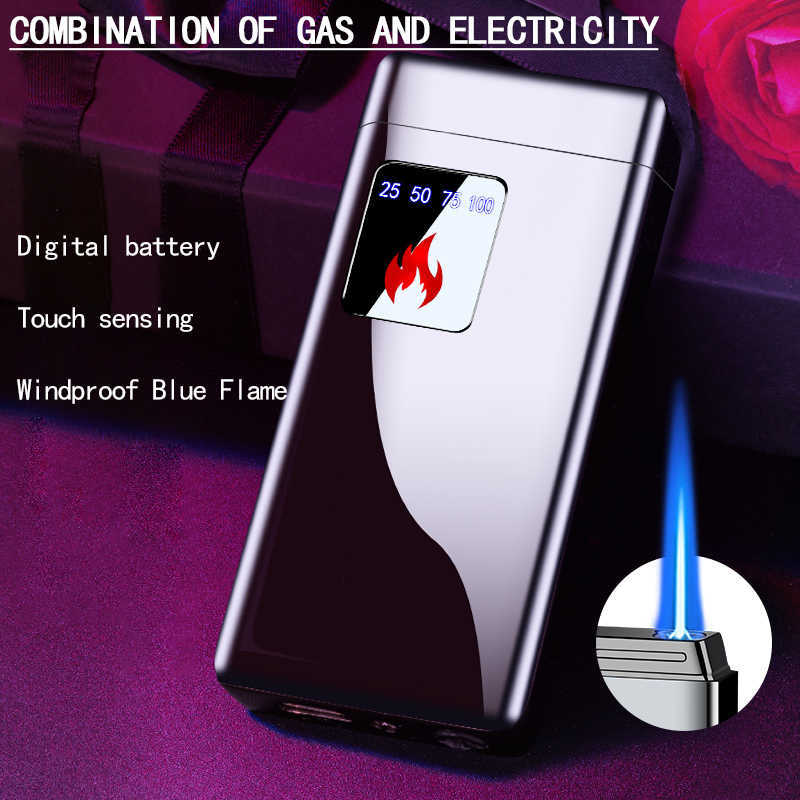Electricity Blue Flame Ice Plating Digital Display Power Touch Sensor Windproof Jet Cigar Torch Lighter Without No Gas W260202