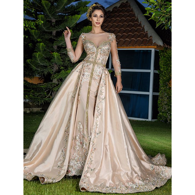 Elegant Moroccan Kaftan Champagne Evening Dresses With Detachable Train Lace Appliques Beaded Long Sleeves Formal Event Gowns For Women