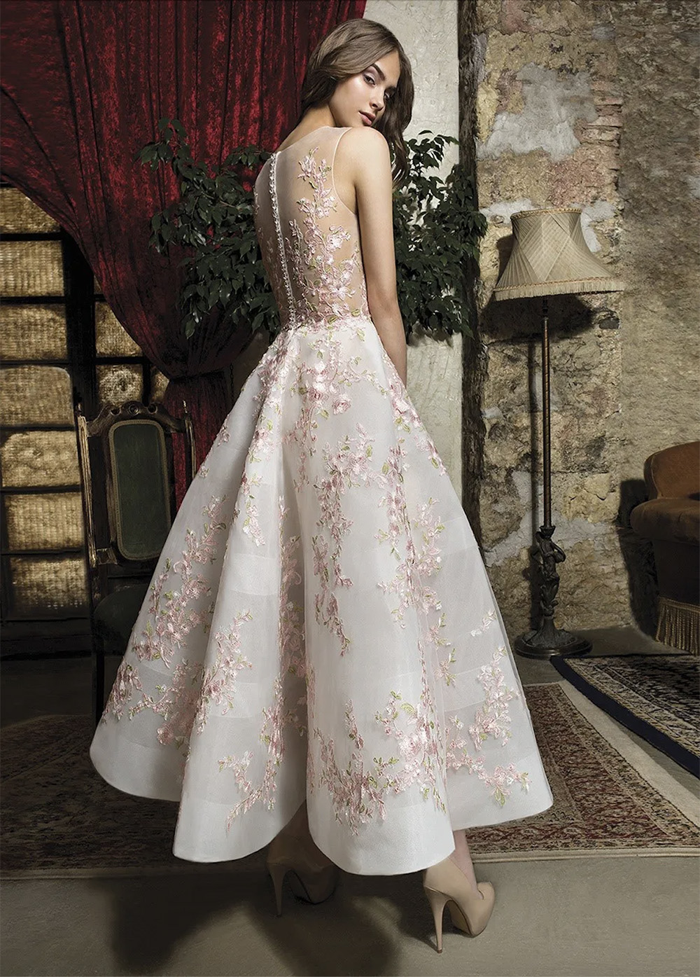 Fabulous Pink Floral Prom Dresses Appliqued Sheer Jewel Neck A Line Short Formal Evening Gowns Buttons Back Ankle Length Homecoming Dress