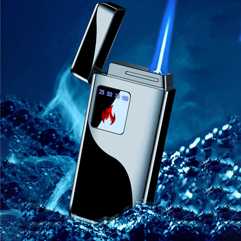 Electricity Blue Flame Ice Plating Digital Display Power Touch Sensor Windproof Jet Cigar Torch Lighter Without No Gas W260202