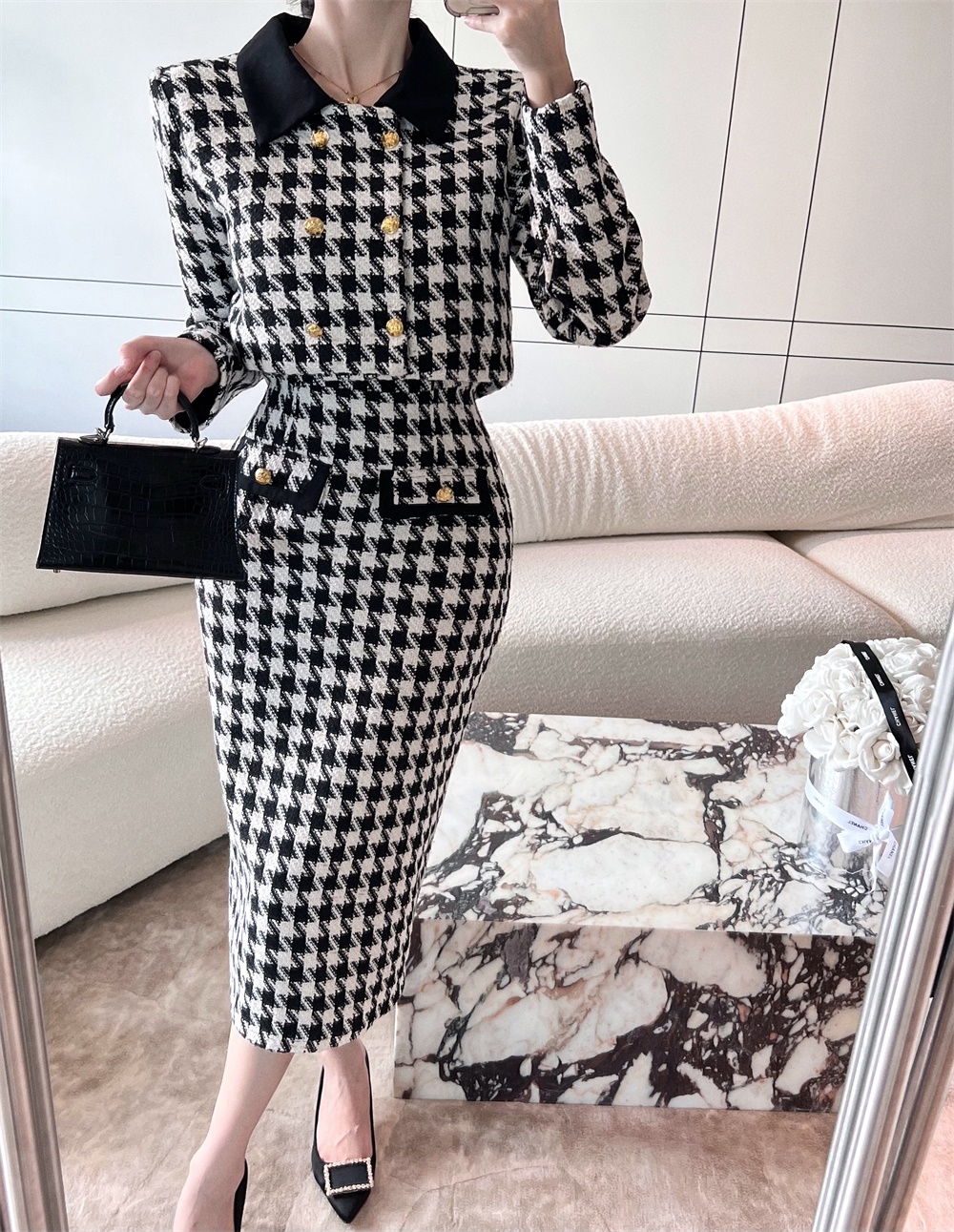 Two Piece Dress Winter Fashion Tweed Cropped Jacket Dress Sets Retro Plaid Short Coat Sexy Strapless Slim Bodycon Dress Two Piece Sets Women 2023