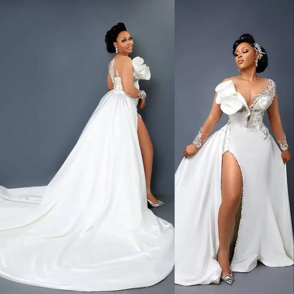 Vintage Arabic Aso Ebi Mermaid Lace Crystals Wedding Gowns Illusion Neck Side Split Detachable Train Overskirts Bridal Dresses Crystal Beads Long Sleeves, Custom made from color chart
Vintage Arabic Aso Ebi Mermaid Lace Crystals Wedding Gowns Illusion Neck Side Split Detachable Train Overskirts Bridal Dresses Crystal Beads Long Sleeves, Custom made from color chart