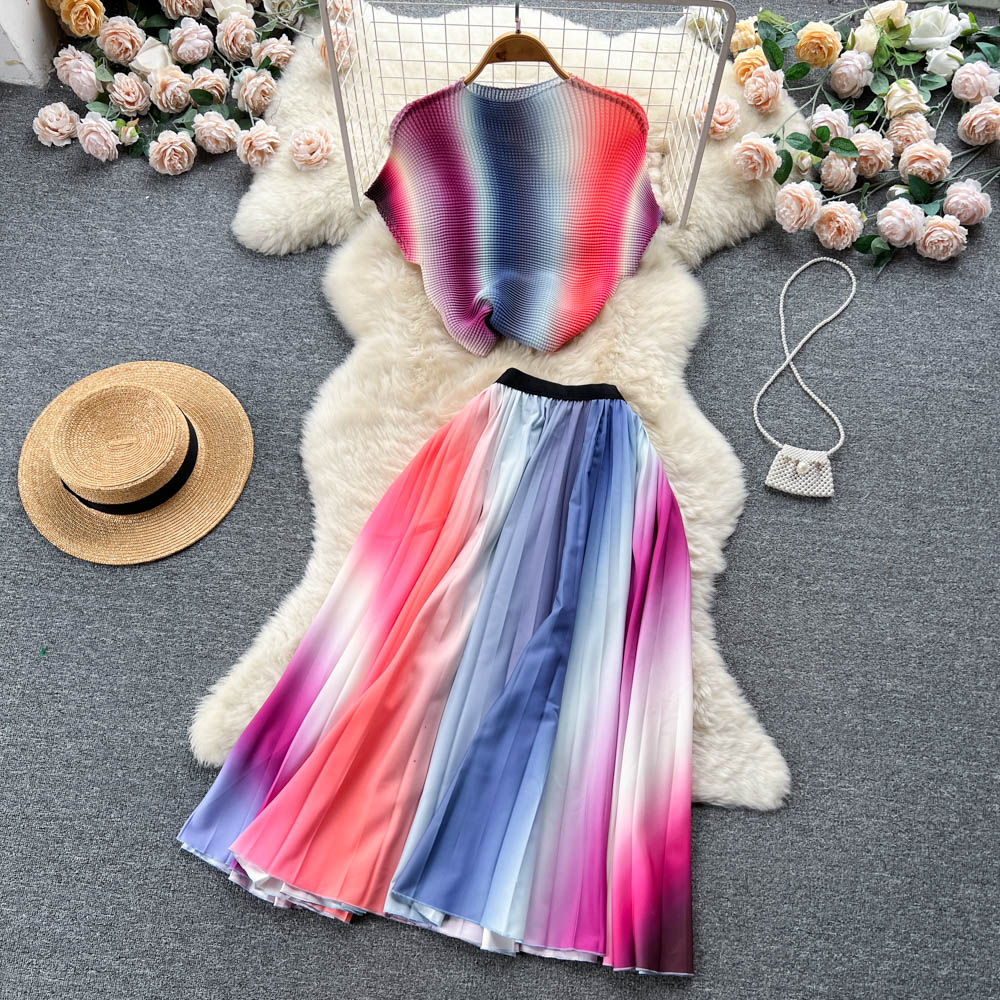 Two Piece Dress Summer Ins New Fashion Personality Print Suit Women's Round Neck Short-sleeved Tops +pleated Skirt Two-piece Sets 2024