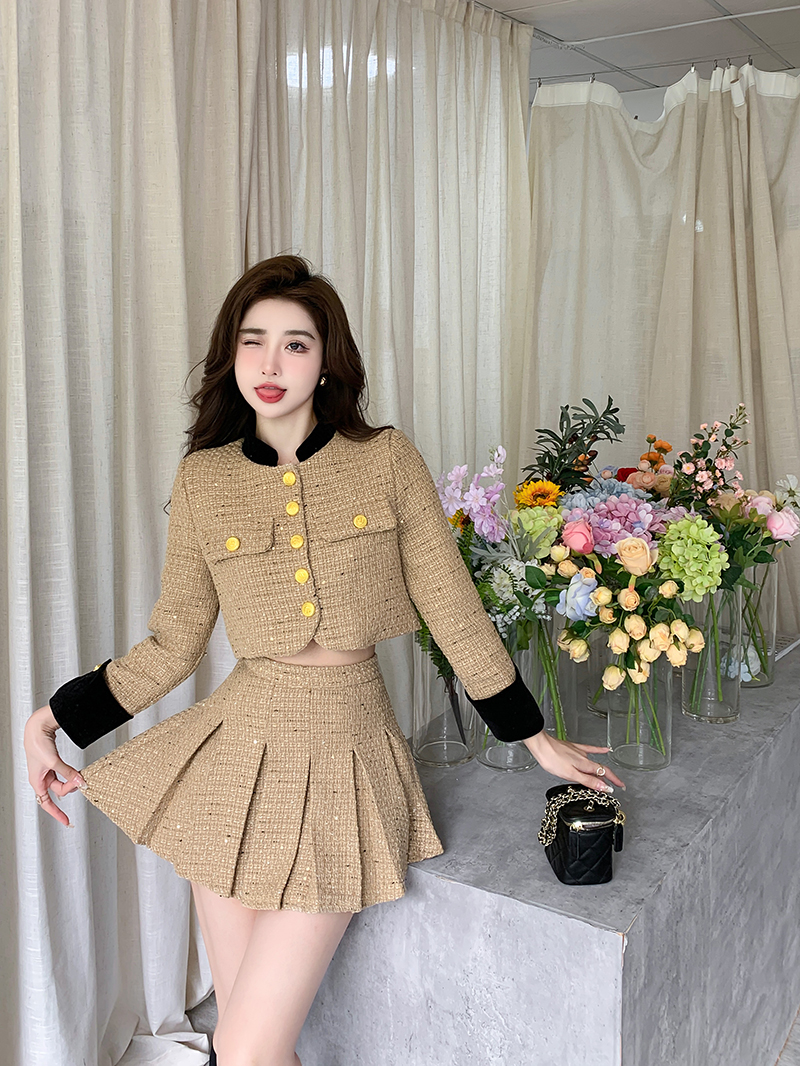Two Piece Dress British style Patchwork Tweed Short Jacket Women's Two Piece Sets Outfits Female Y2k Retro High Waist Pleated Skirt 2 Piece Set 2