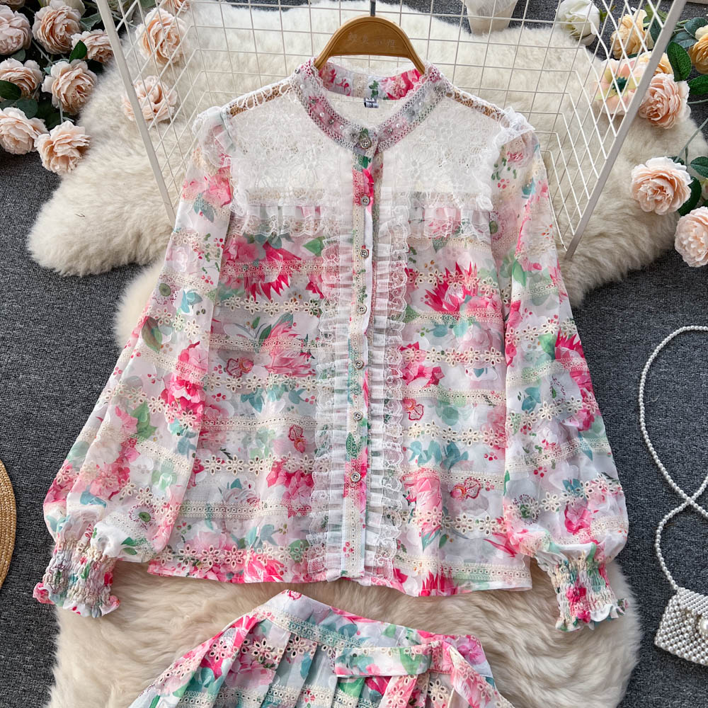 Two Piece Dress Summer Spring Dress New Women's Fashion Print Embroidered Panel Lace Set Women's Long Sleeve Shirt + Pleated Short Skirt Two