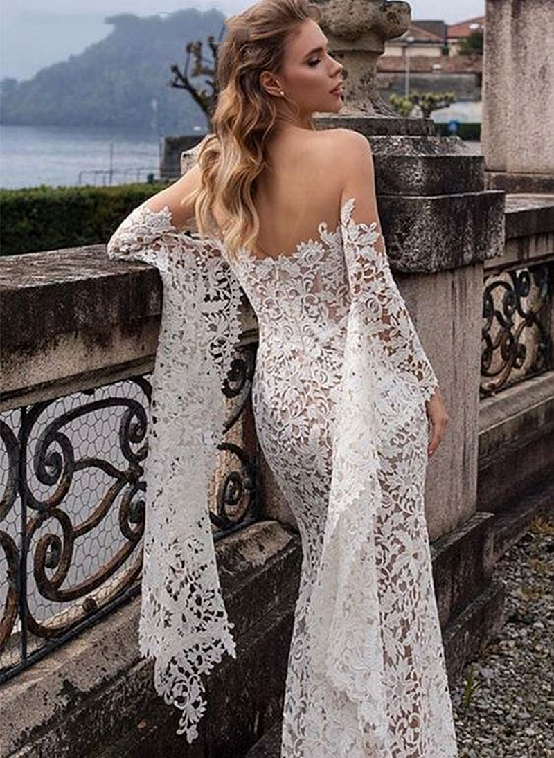 Boho Lace Mermaid Wedding Dresses With Flare Long Seeves Sheer Neck Beach Country Bridal Gowns Vintage Robe De Mariage 2023