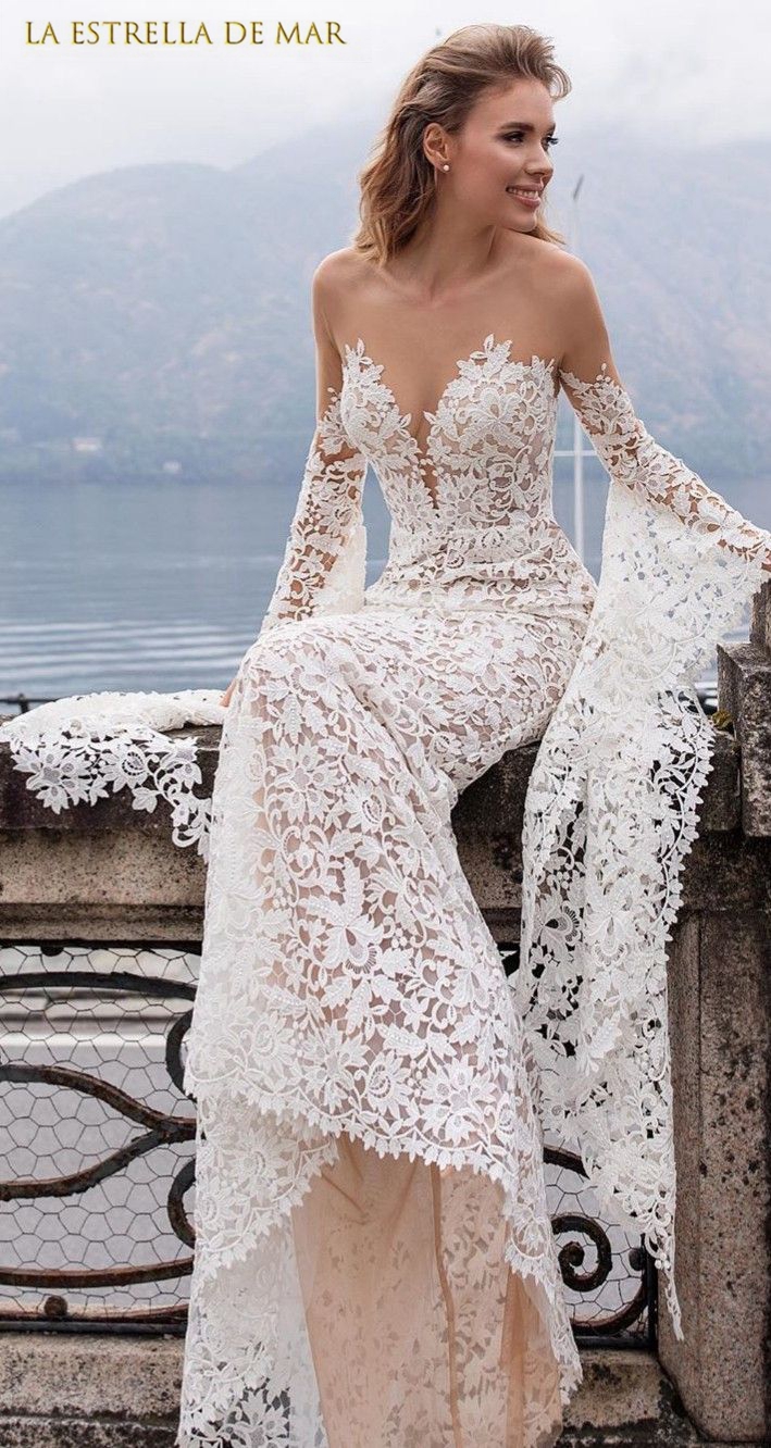 Boho Lace Mermaid Wedding Dresses With Flare Long Seeves Sheer Neck Beach Country Bridal Gowns Vintage Robe De Mariage 2023