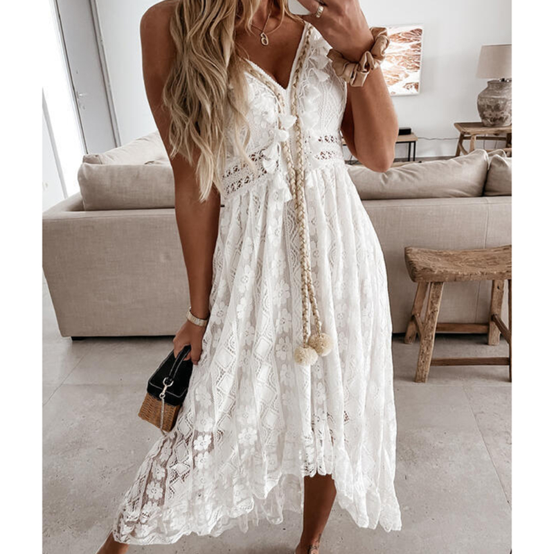 V-neck Lace Up Cover Up For Woman White Sexy Lace Loose Holiday Beach Slip Dress 2023 Summer Maxi Dress, White-2
V-neck Lace Up Cover Up For Woman White Sexy Lace Loose Holiday Beach Slip Dress 2023 Summer Maxi Dress, White-2