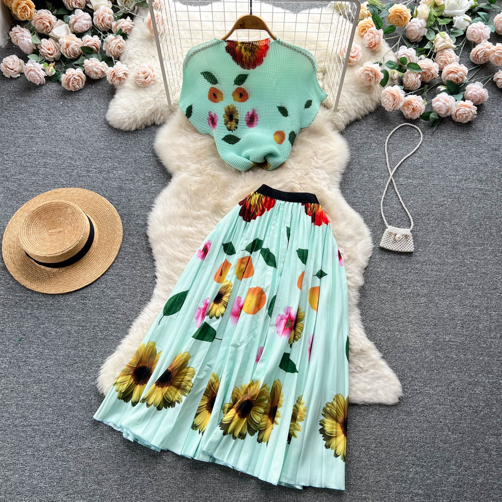 Two Piece Dress Summer Ins New Fashion Personality Print Suit Women's Round Neck Short-sleeved Tops +pleated Skirt Two-piece Sets 2024