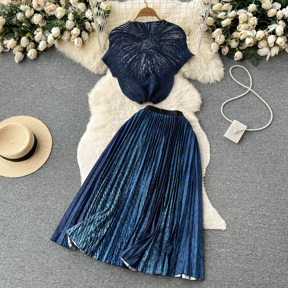 Two Piece Dress New Fashion Print Suits for Summer Women Round Neck Holiday Loose Tops +pleated Skirt Elegant Two-piece Sets 2024