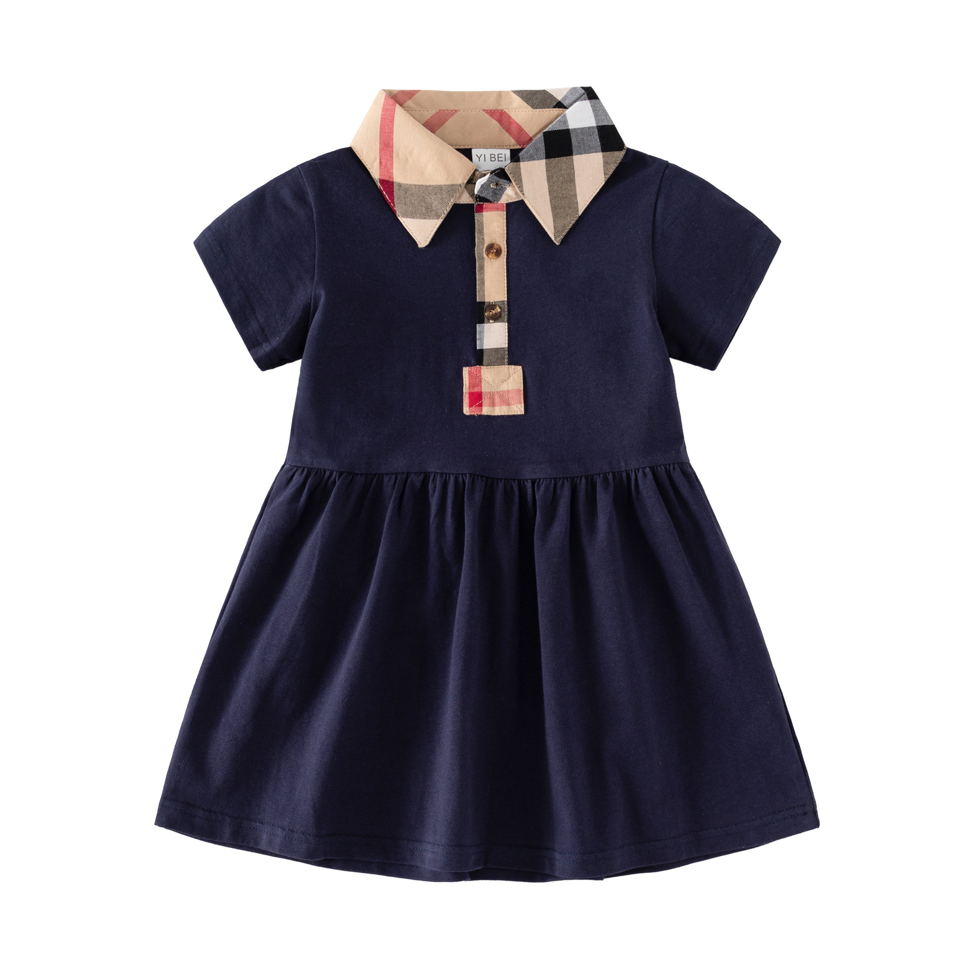 2023 New Summer Girls Princess Dresses Baby Girl Short Sleeve Dress Children Turn-Down Collar Plaid Dress 3 Colors