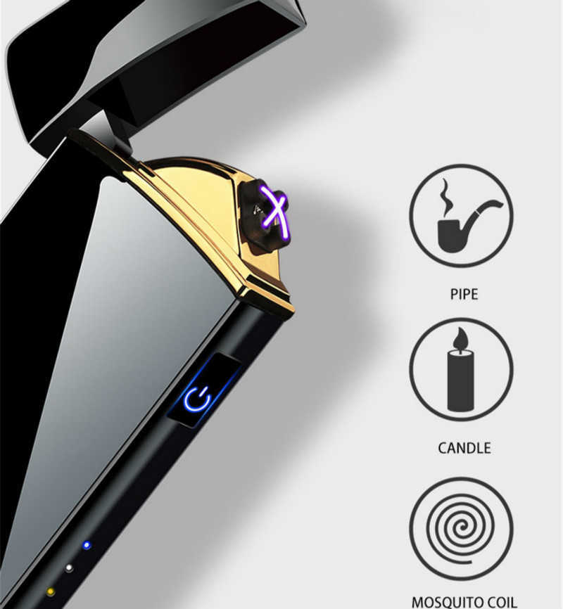 2023 New Windproof Metal Flameless Electric Lighter Dual Arc Plasma USB LED Power Display Touch Induction W260202
