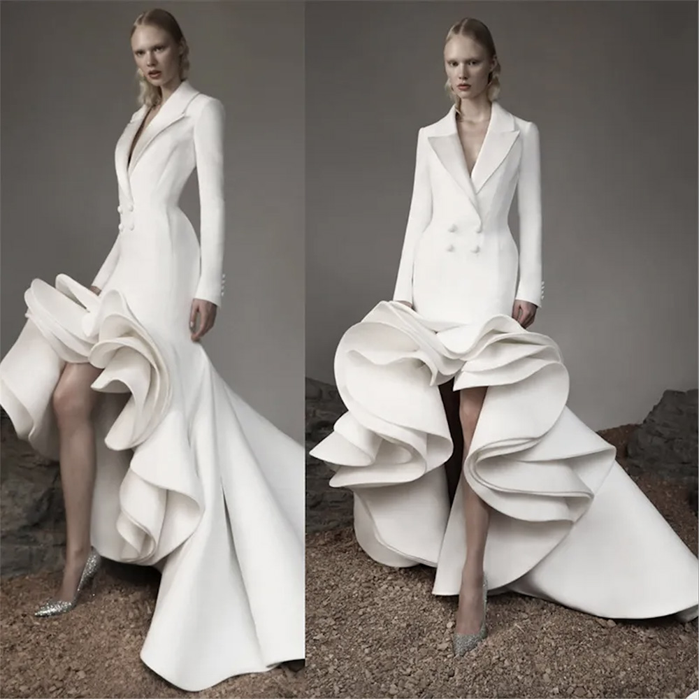 Formal Women Suit Evening Dresses Double Breasted Deigner Robe De Soiree Custom Made Tiered Satin Prom Gown
