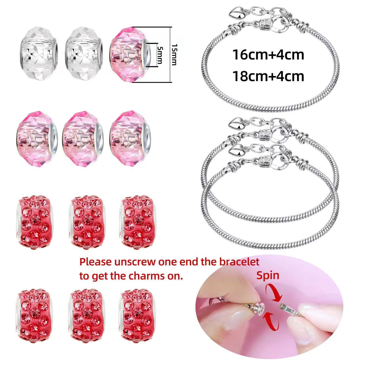 56/Set DIY Love Box Set Charm Bracelet Making Kit Beaded Silver Plated Snake Chain Gift for Girls and Children