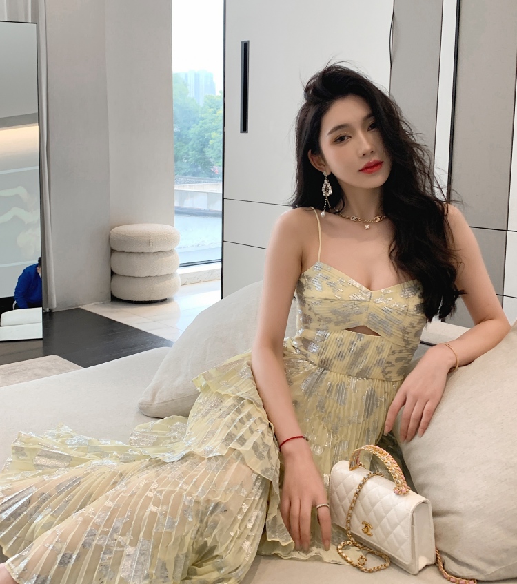 New Dresses S-elf Portrait Yellow Chiffon Pleated Cake Strap Dress