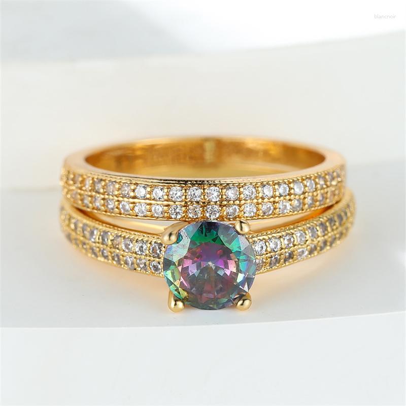 Wedding Rings Luxury Full Zircon Mystic Rainbow Stone Ring Set Gold Silver Color Round White Crystal Bridal Sets Engagement Jewelry CZ
Wedding Rings Luxury Full Zircon Mystic Rainbow Stone Ring Set Gold Silver Color Round White Crystal Bridal Sets Engagement Jewelry CZ
