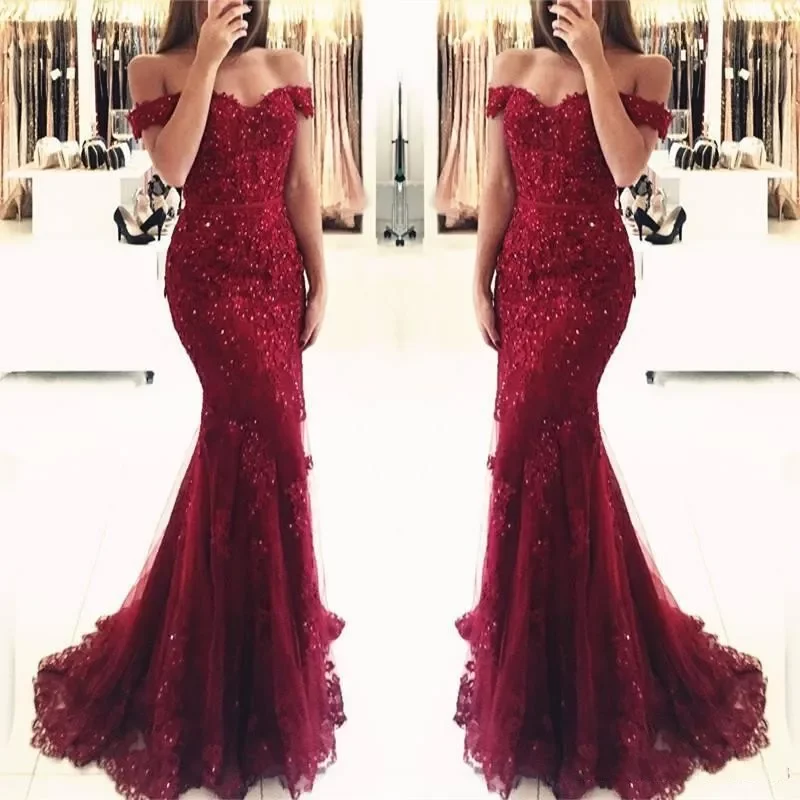 Evening Dresses Burgundy Lace Mermaid Appliques Off Shoulder Vestido De Festa Beaded Sequins Long Prom Dress, Gray 
Evening Dresses Burgundy Lace Mermaid Appliques Off Shoulder Vestido De Festa Beaded Sequins Long Prom Dress, Gray