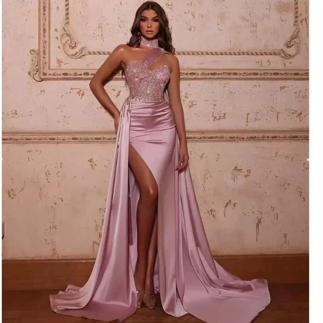 Sparkling Pink Mermaid Prom Dress Sleeveless Sequins Satin Side Slit Halter One Shoulder Sweep Length Vestido De Novia Custom Made, Dark red
Sparkling Pink Mermaid Prom Dress Sleeveless Sequins Satin Side Slit Halter One Shoulder Sweep Length Vestido De Novia Custom Made, Dark red