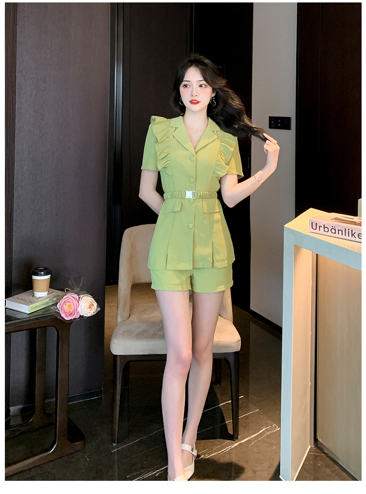 Two Piece Dress Women's Ruffles 2 Piece Set Elegant Lady Elegant Pants Suits Summer Casual Belt Blazer Blouse Elastic Waist Shorts Outfits Femal 