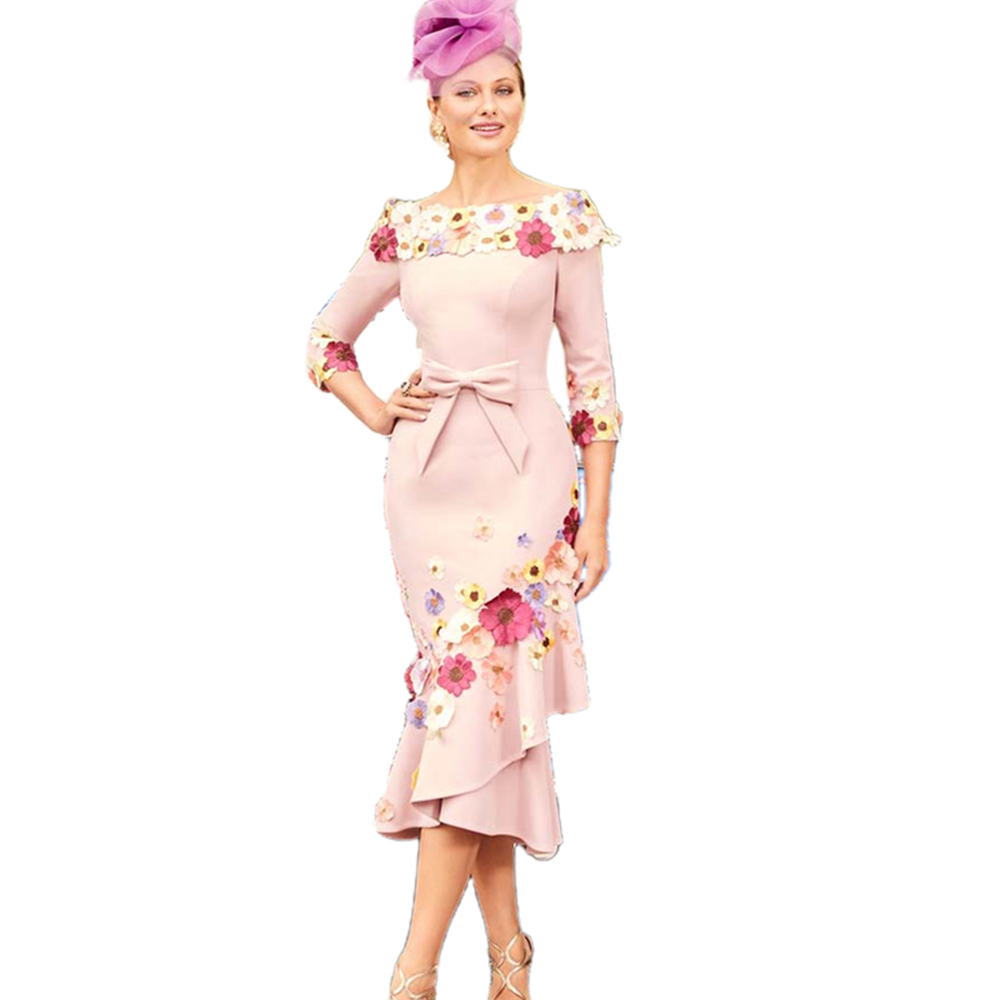 Elegant Tea Length Mother Of The Bride Groom Dresses With 3/4 Long Sleeves Floral Lace Appliques Mermaid Wedding Guest Party Gowns 2024