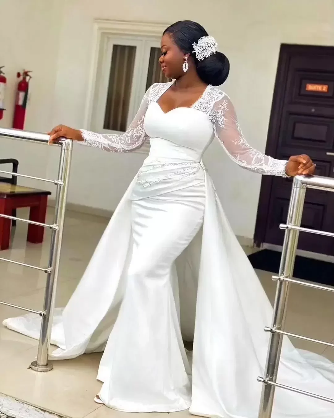 Lace Long Sleeve Mermaid Wedding Dresses African Plus Size Aso Ebi Sweetheart Stain Bridal Gowns Vestidos De Novia Custom Made