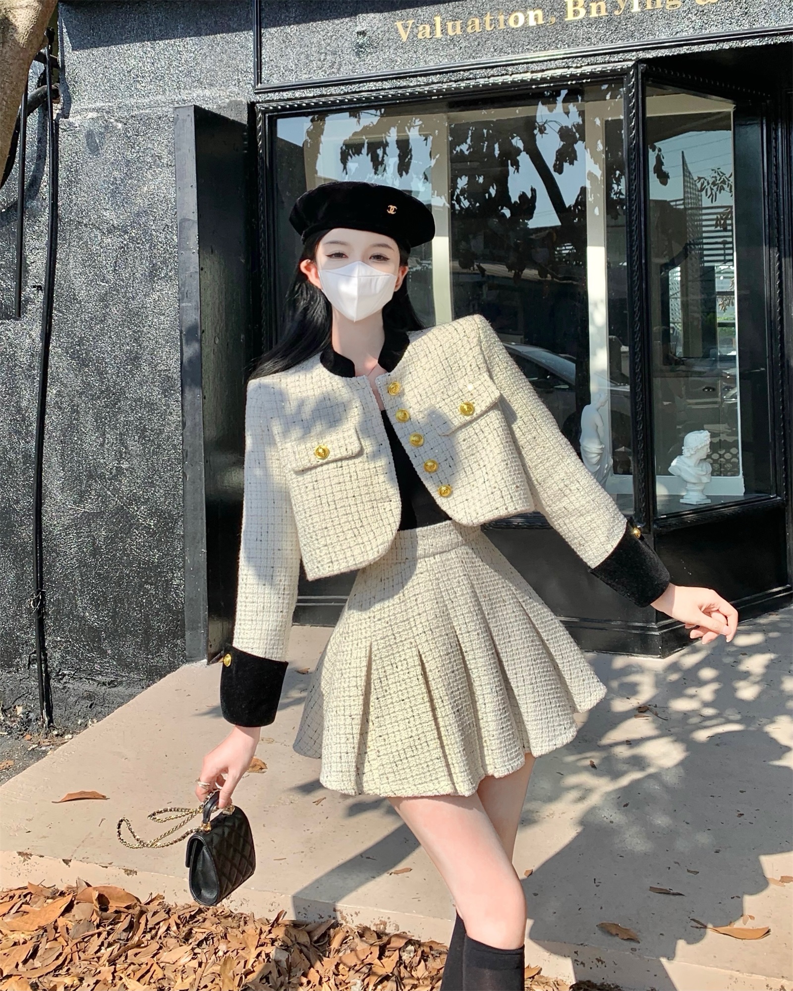 Two Piece Dress British style Patchwork Tweed Short Jacket Women's Two Piece Sets Outfits Female Y2k Retro High Waist Pleated Skirt 2 Piece Set 2