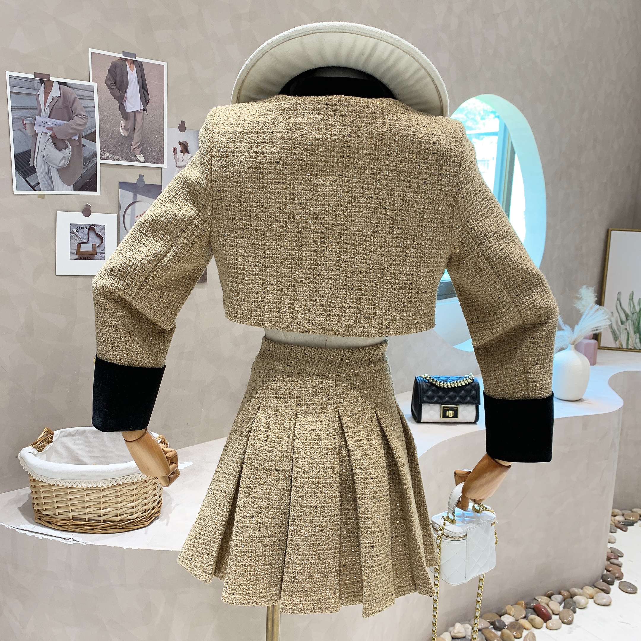 Two Piece Dress British style Patchwork Tweed Short Jacket Women's Two Piece Sets Outfits Female Y2k Retro High Waist Pleated Skirt 2 Piece Set 2