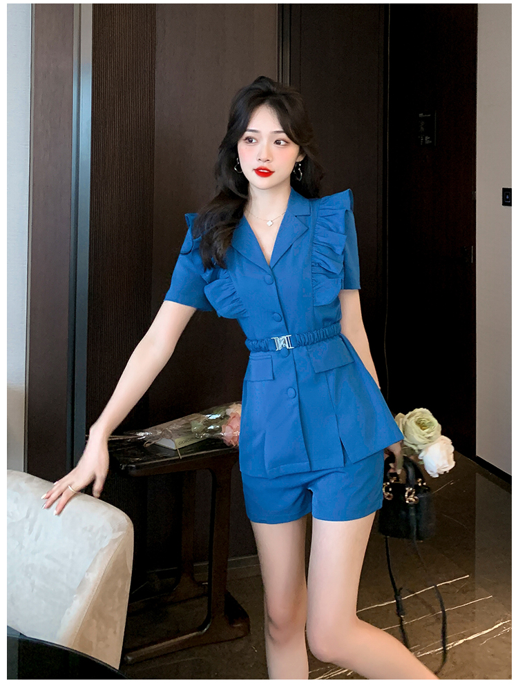 Two Piece Dress Women's Ruffles 2 Piece Set Elegant Lady Elegant Pants Suits Summer Casual Belt Blazer Blouse Elastic Waist Shorts Outfits Femal 