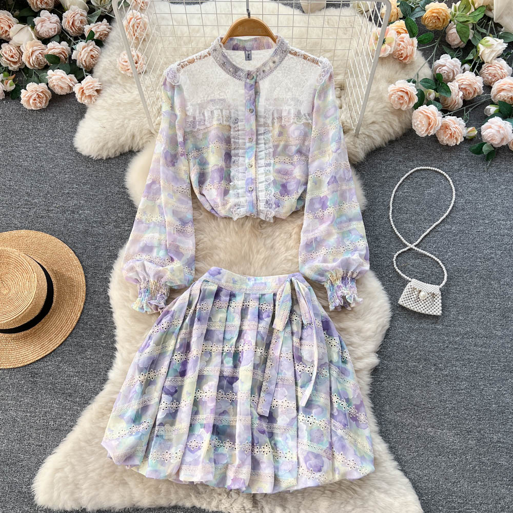 Two Piece Dress Summer Spring Dress New Women's Fashion Print Embroidered Panel Lace Set Women's Long Sleeve Shirt + Pleated Short Skirt Two