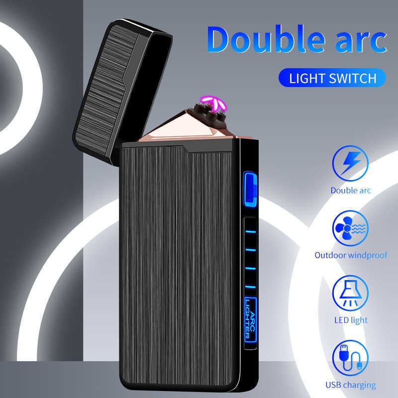 New Electric Lighter Metal Windproof Pulse Flameless Plasma USB Rechargeable Dual Arc LED Power Display Men's Tools AJXS W260202