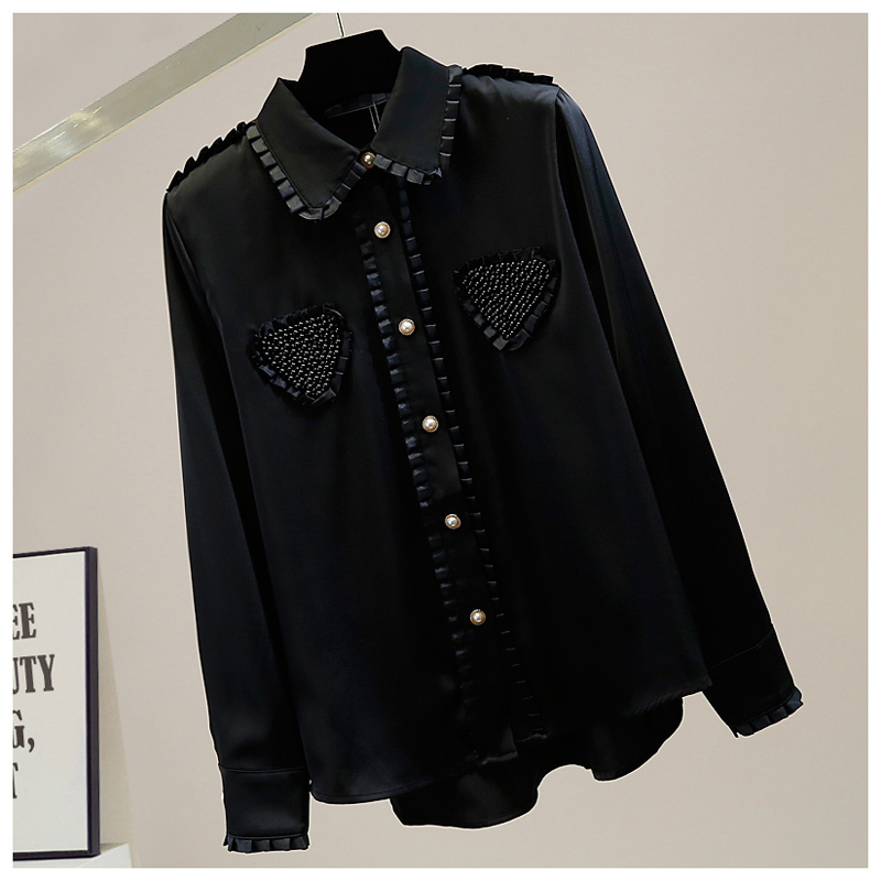 Women's Blouses Love Heart Pearls Beading Ruffles Patchwork Black White Blouse Autumn Korean Elegant Women's Shirt Long Sleeve Satin Tops 20