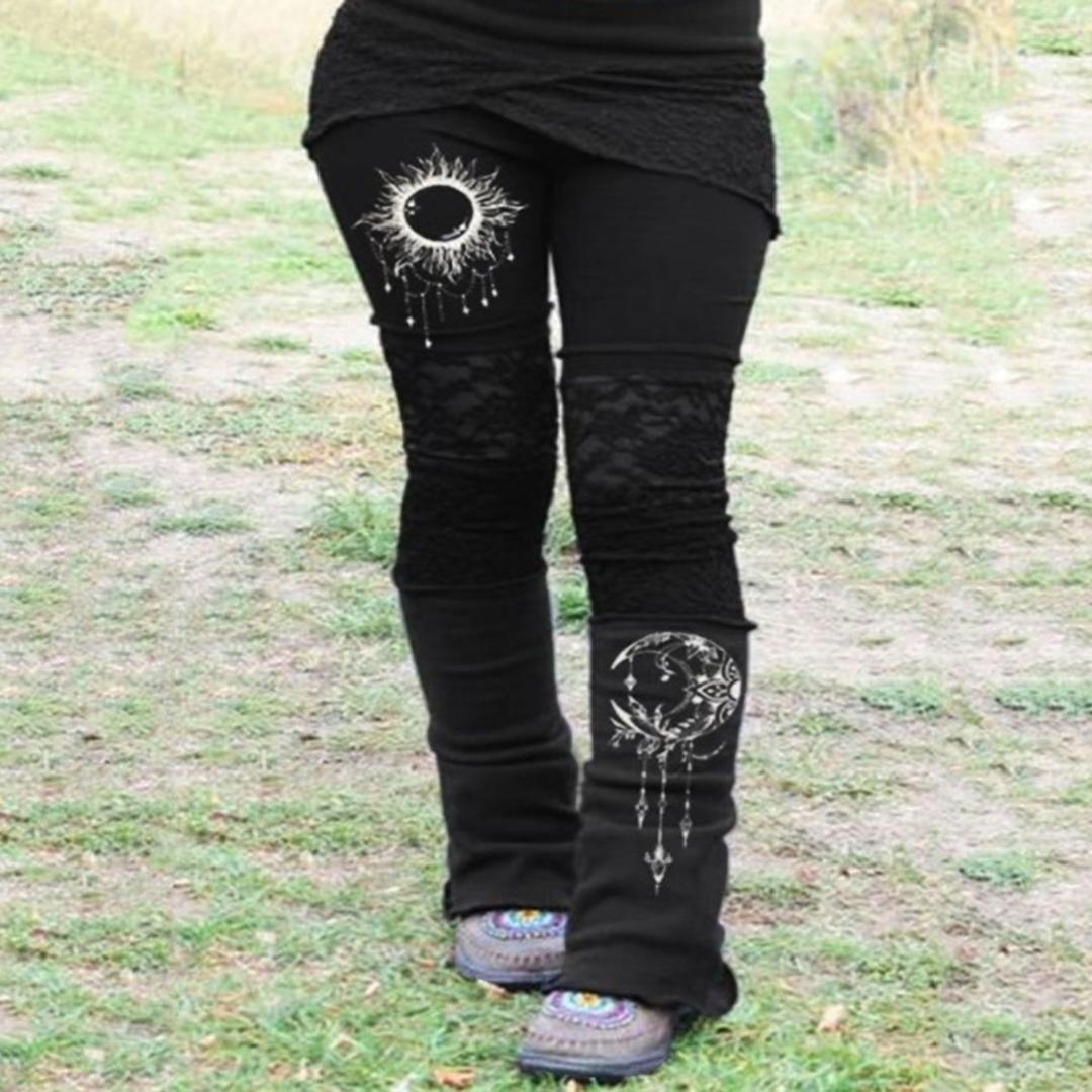 Women's Retro Casual Solid Color Sun And Moon Printed Gothic Pattern Slim Lace Edge Stitching High Waist Flared Pants, Black
Women's Retro Casual Solid Color Sun And Moon Printed Gothic Pattern Slim Lace Edge Stitching High Waist Flared Pants, Black