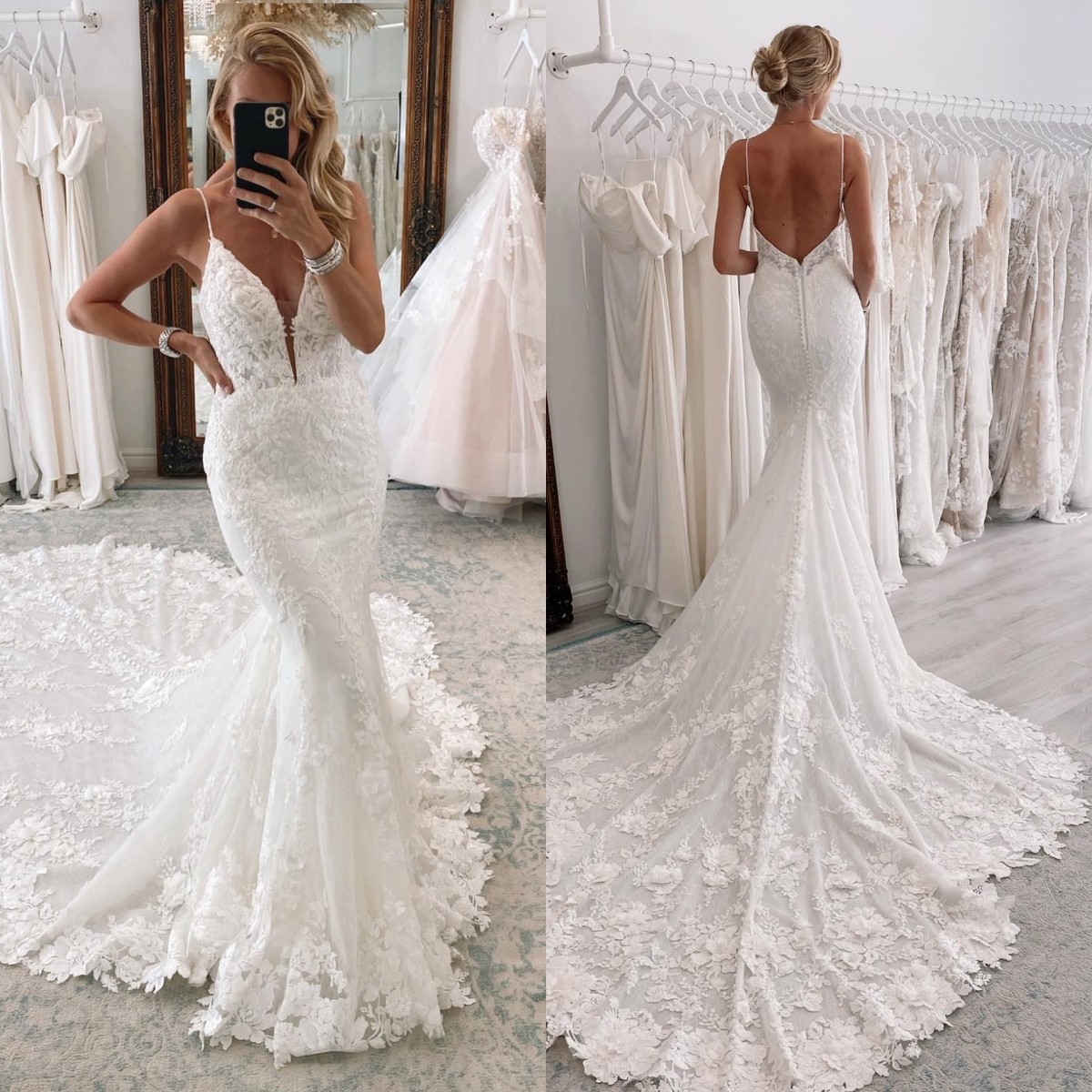 Elegant Mermaid Dresses Spaghetti Lace Wedding Dress Sweep Train Backless Wedding Bridal Gowns
