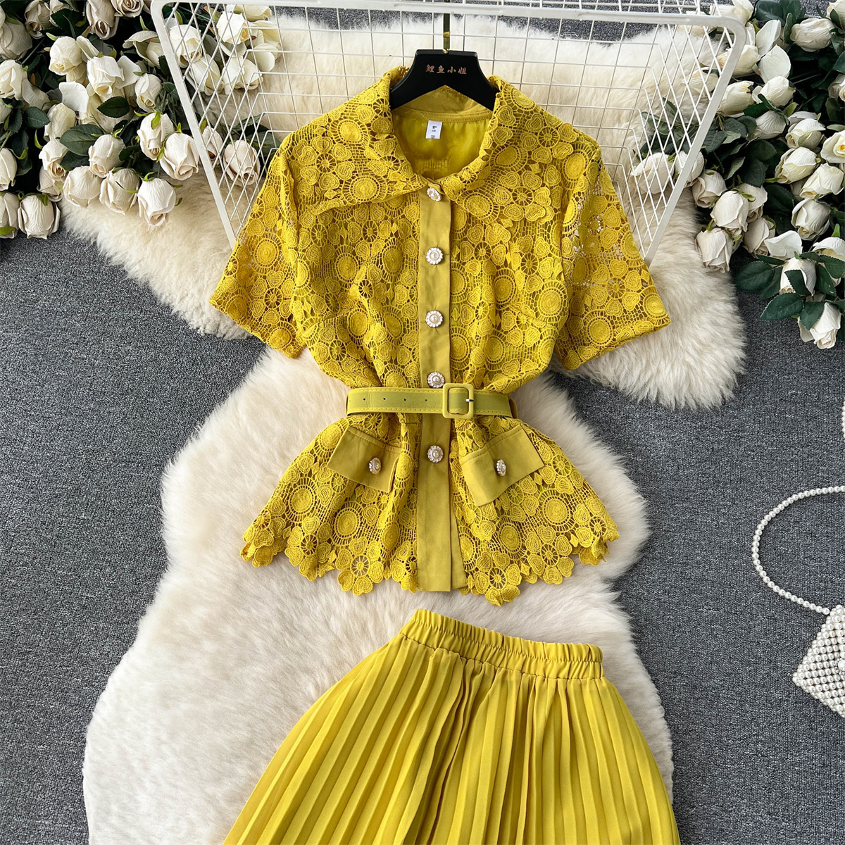 Two Piece Dress French Suits Women's New Fashion Lapel Short Sleeve Lace Tops + High-waist Pleated Skirt Solid Color Elegant Two-piece Sets 2024
