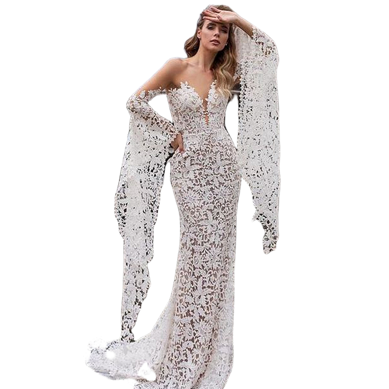Boho Lace Mermaid Wedding Dresses With Flare Long Seeves Sheer Neck Beach Country Bridal Gowns Vintage Robe De Mariage 2023