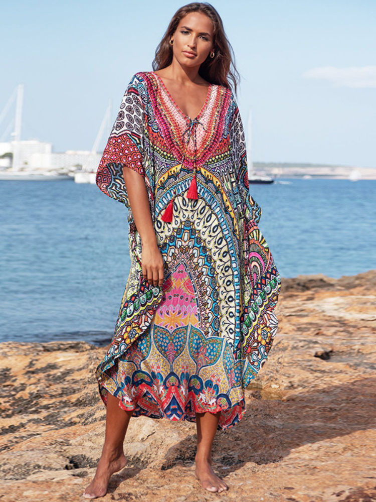 Beach Kaftans for Women India Folk Floral Printed Cover-ups V Neck Tassel Maxi Dresses Casual Bathing Suits Quick Dry
Beach Kaftans for Women India Folk Floral Printed Cover-ups V Neck Tassel Maxi Dresses Casual Bathing Suits Quick Dry