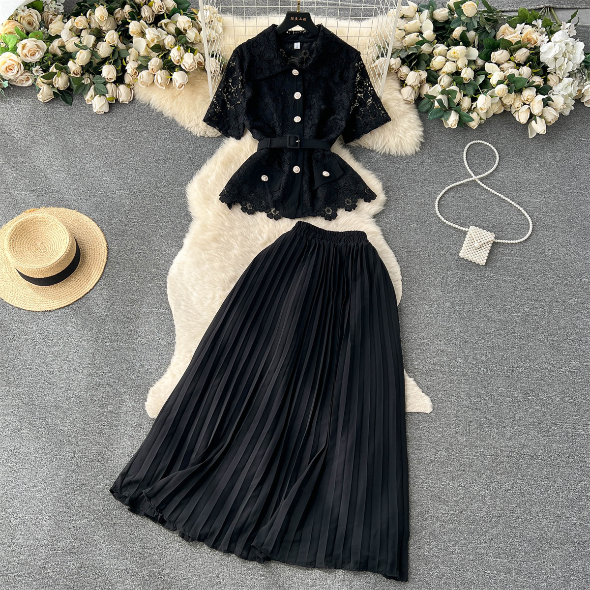 Two Piece Dress French Suits Women's New Fashion Lapel Short Sleeve Lace Tops + High-waist Pleated Skirt Solid Color Elegant Two-piece Sets 2024
