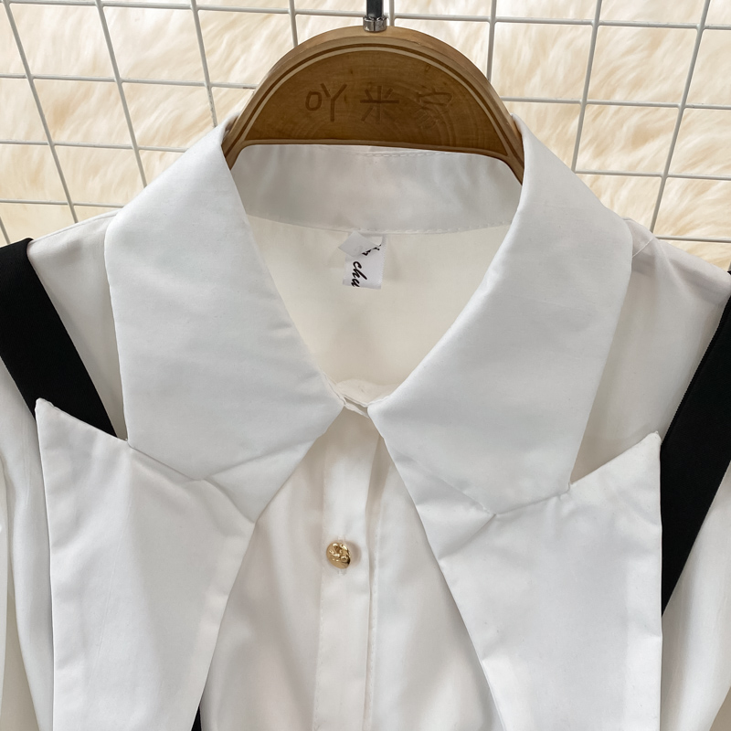 Two Piece Dress England Style Overall Dress Two Piece Set Women Spring New Pointed Lapel White Shirt + Double-breasted Suspender Skirt Suits 2023