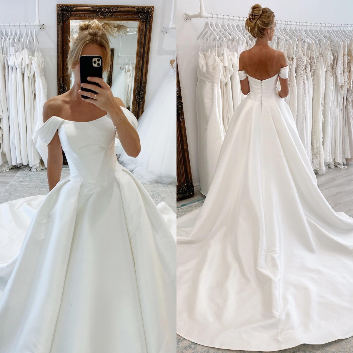 Boho A Line Wedding Dresses Off Shoulder Button Back Sweep Train Satin designer wedding bridal gowns, White
Boho A Line Wedding Dresses Off Shoulder Button Back Sweep Train Satin designer wedding bridal gowns, White