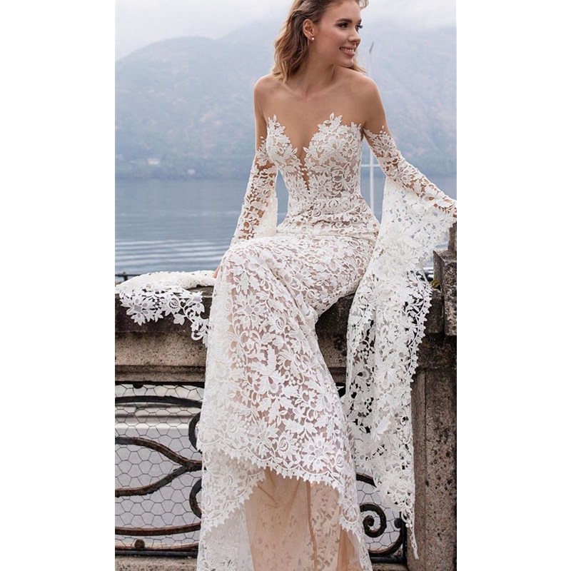 Boho Lace Mermaid Wedding Dresses With Flare Long Seeves Sheer Neck Beach Country Bridal Gowns Vintage Robe De Mariage 2023