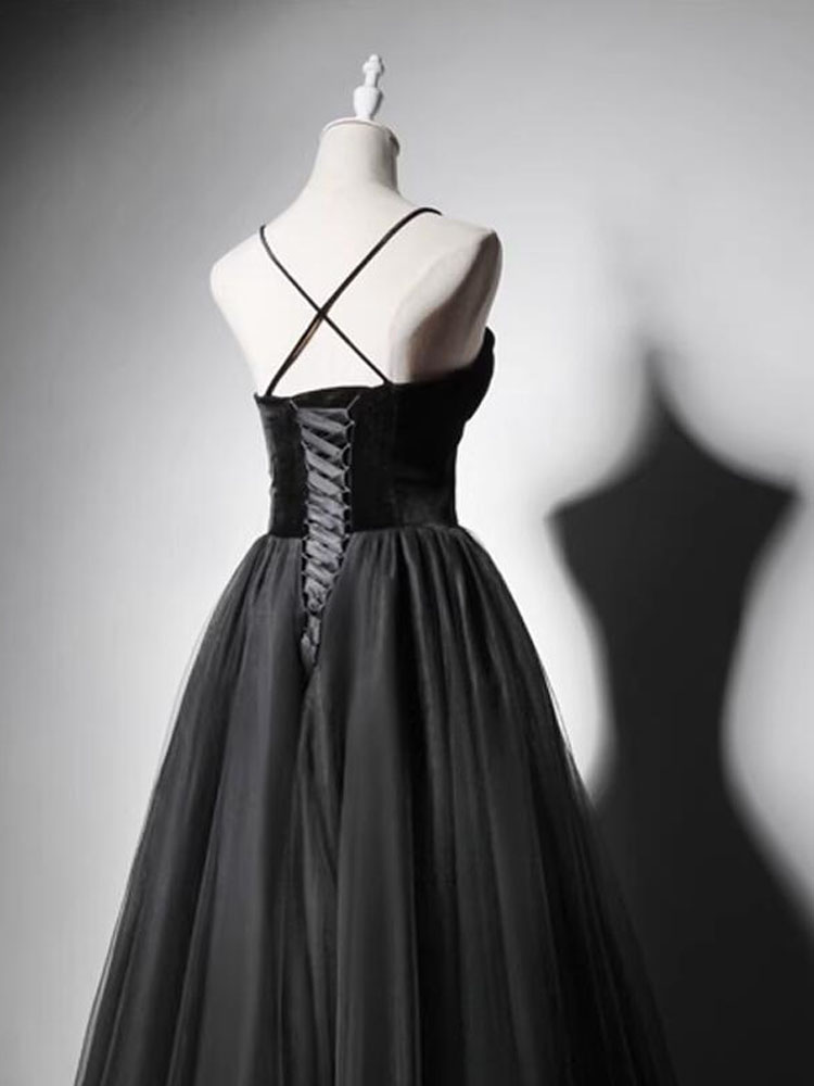 Black Prom Dress 2023 Long Evening Gowns Velvet with Tulle Party Wearing Spaghetti Lace-Up Back Floor Length