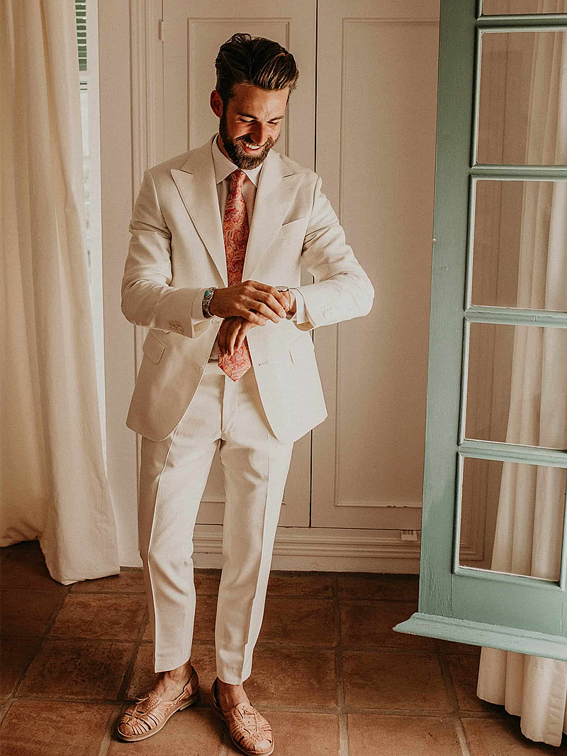Boho Men Suits Wedding Tuxedos Ivory Two Pieces 2 Buttons Groom Wear Chic Trim Fit Prom Blazer Special Occasion Wear