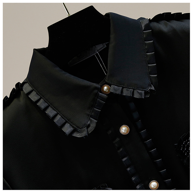 Women's Blouses Love Heart Pearls Beading Ruffles Patchwork Black White Blouse Autumn Korean Elegant Women's Shirt Long Sleeve Satin Tops 20