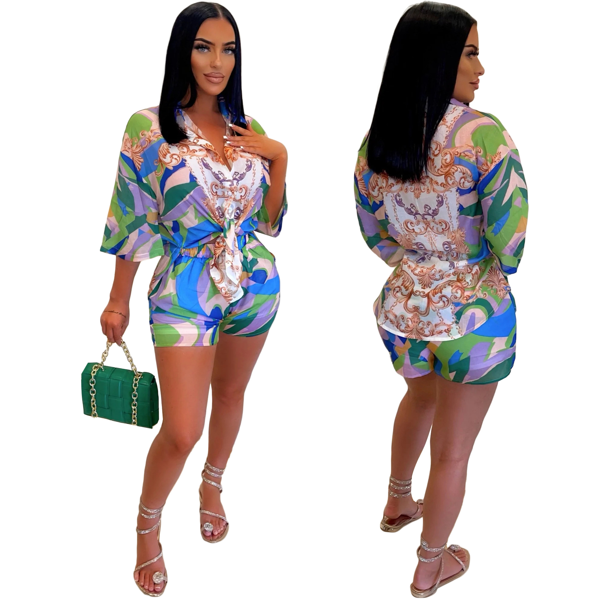 Casual Two Piece Pants Women Designer Print Shirt and Shorts 2Pcs Set Outfits Free Ship, Multi green
Casual Two Piece Pants Women Designer Print Shirt and Shorts 2Pcs Set Outfits Free Ship, Multi green