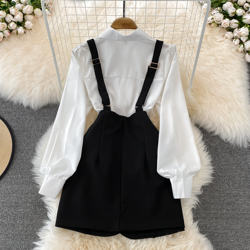Two Piece Dress England Style Overall Dress Two Piece Set Women Spring New Pointed Lapel White Shirt + Double-breasted Suspender Skirt Suits 2023