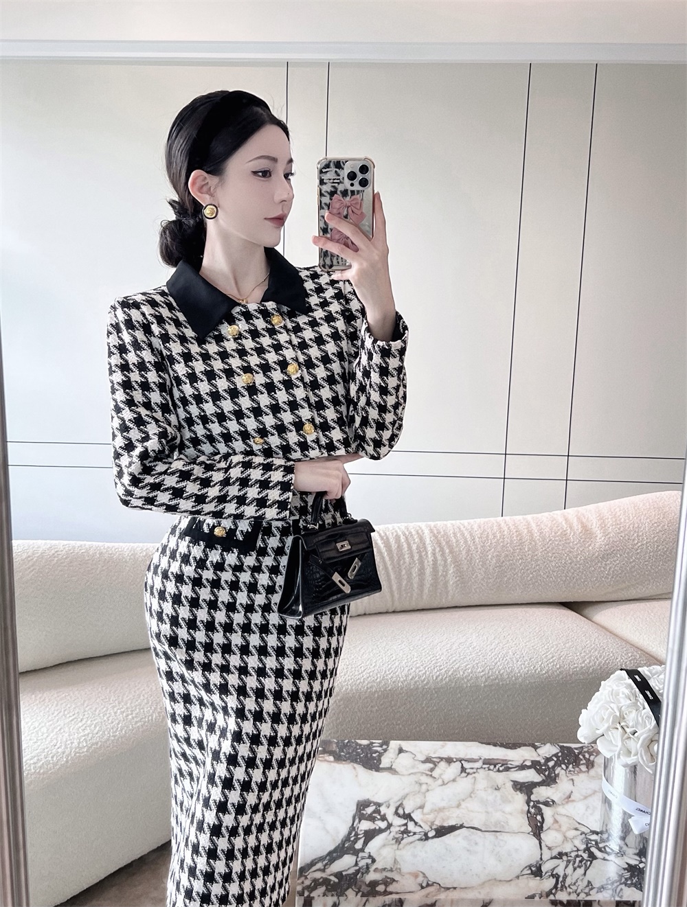Two Piece Dress Winter Fashion Tweed Cropped Jacket Dress Sets Retro Plaid Short Coat Sexy Strapless Slim Bodycon Dress Two Piece Sets Women 2023