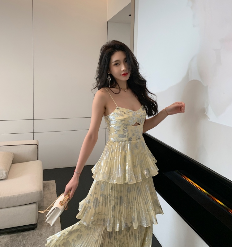 New Dresses S-elf Portrait Yellow Chiffon Pleated Cake Strap Dress